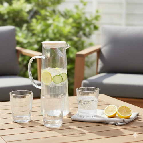 CLEAR GLASS JUG AND CUPS