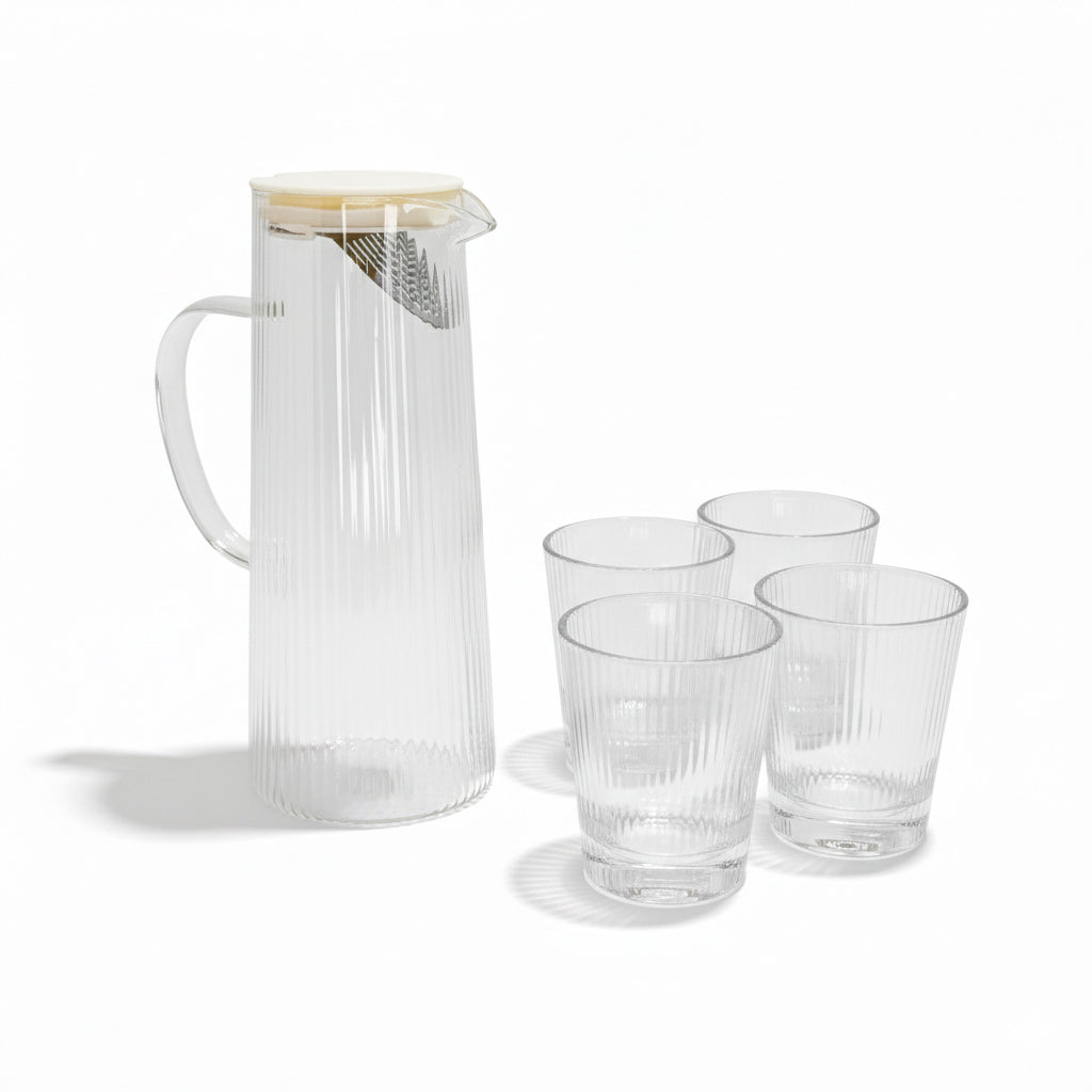CLEAR GLASS JUG AND CUPS