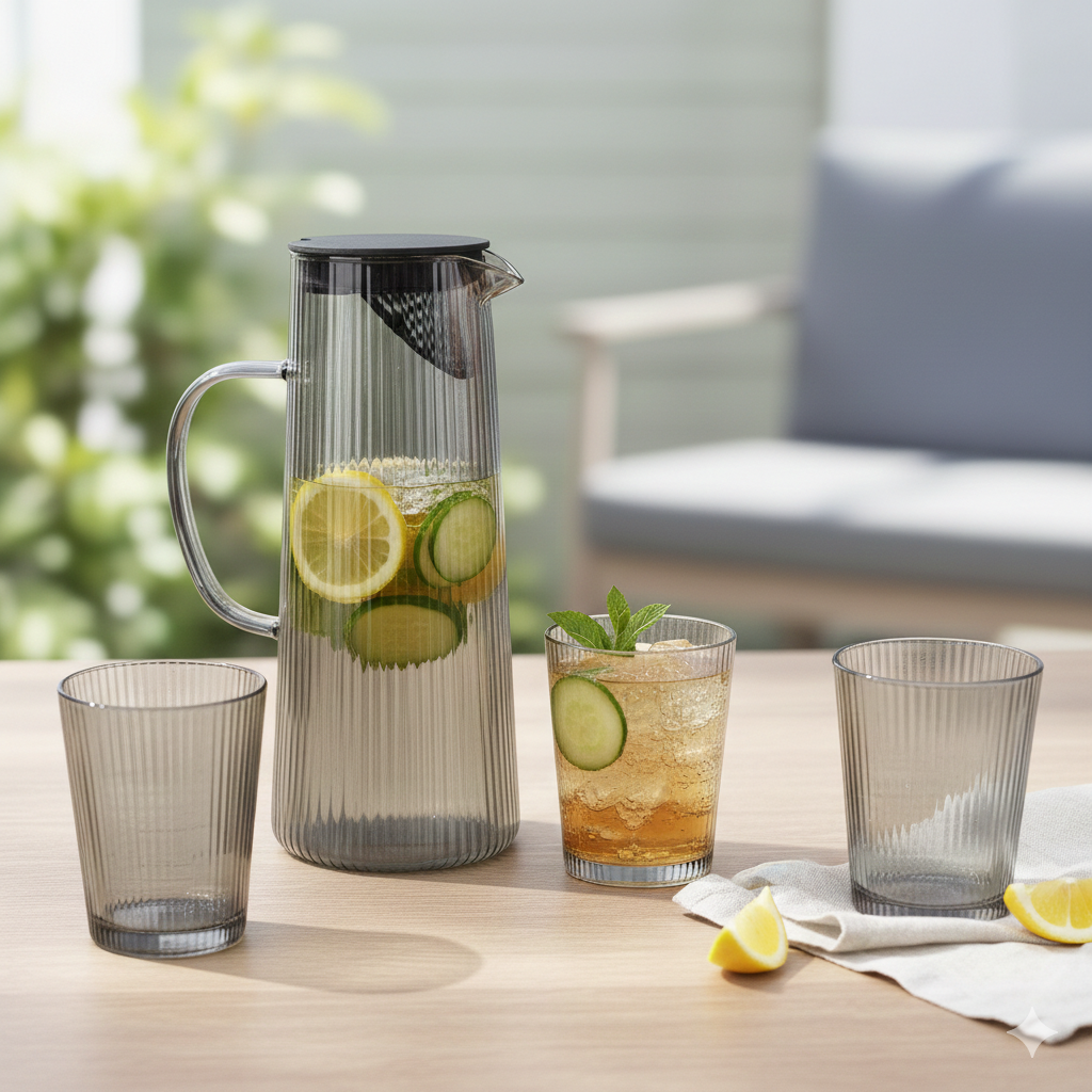 SMOKEY GLASS JUG AND CUPS