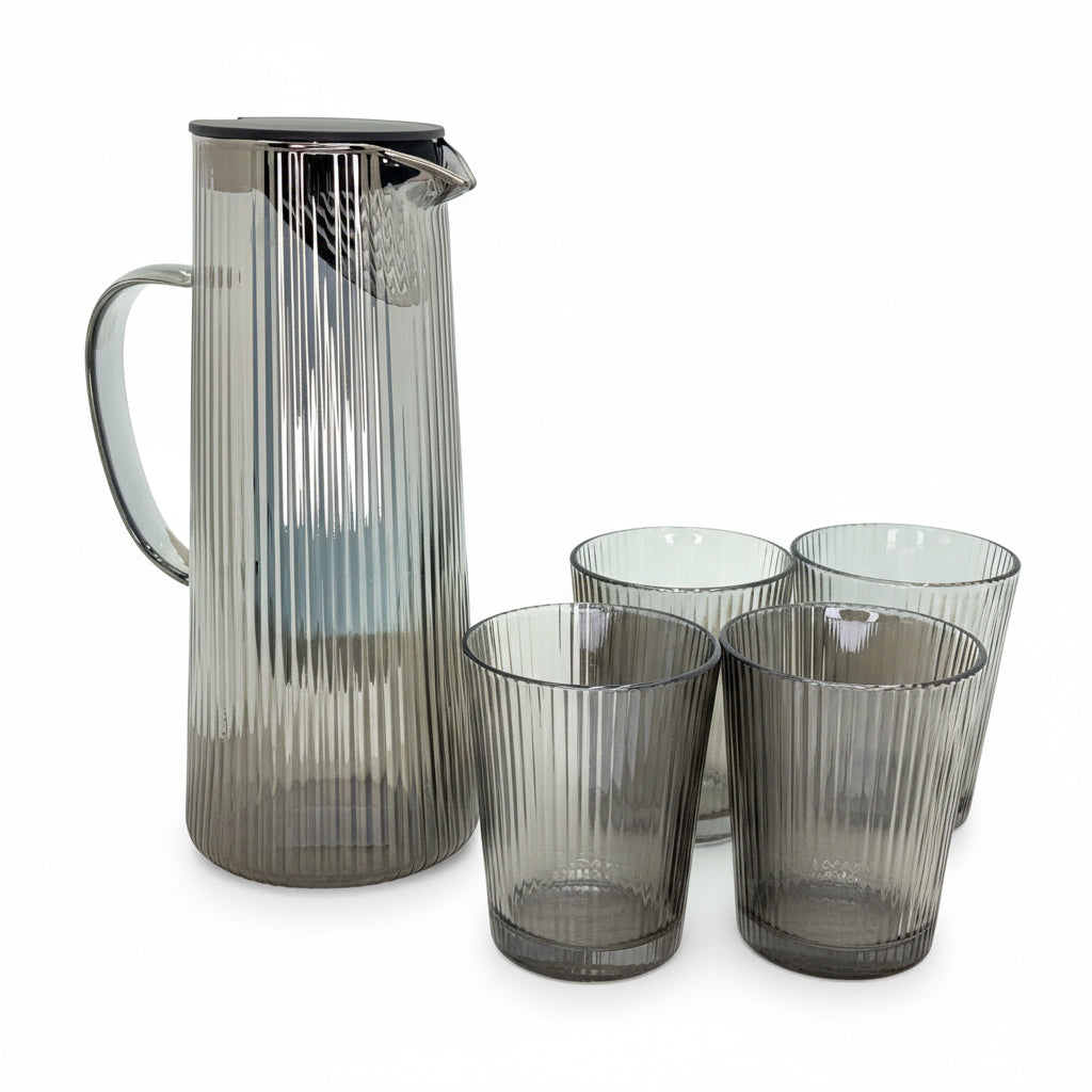 SMOKEY GLASS JUG AND CUPS