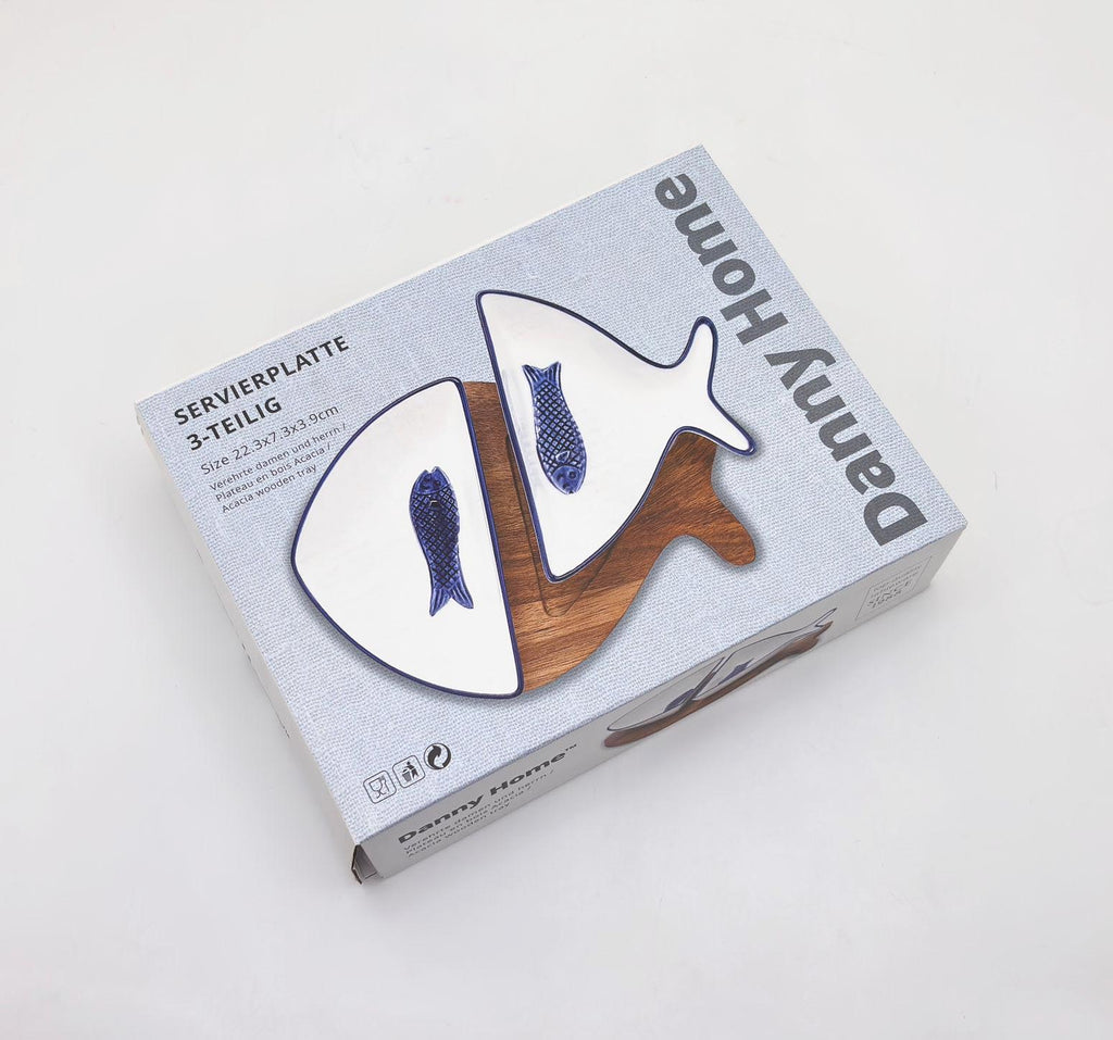 Danny Home 3-Piece Fish-Shaped Ceramic and Acacia Wood Serving Set