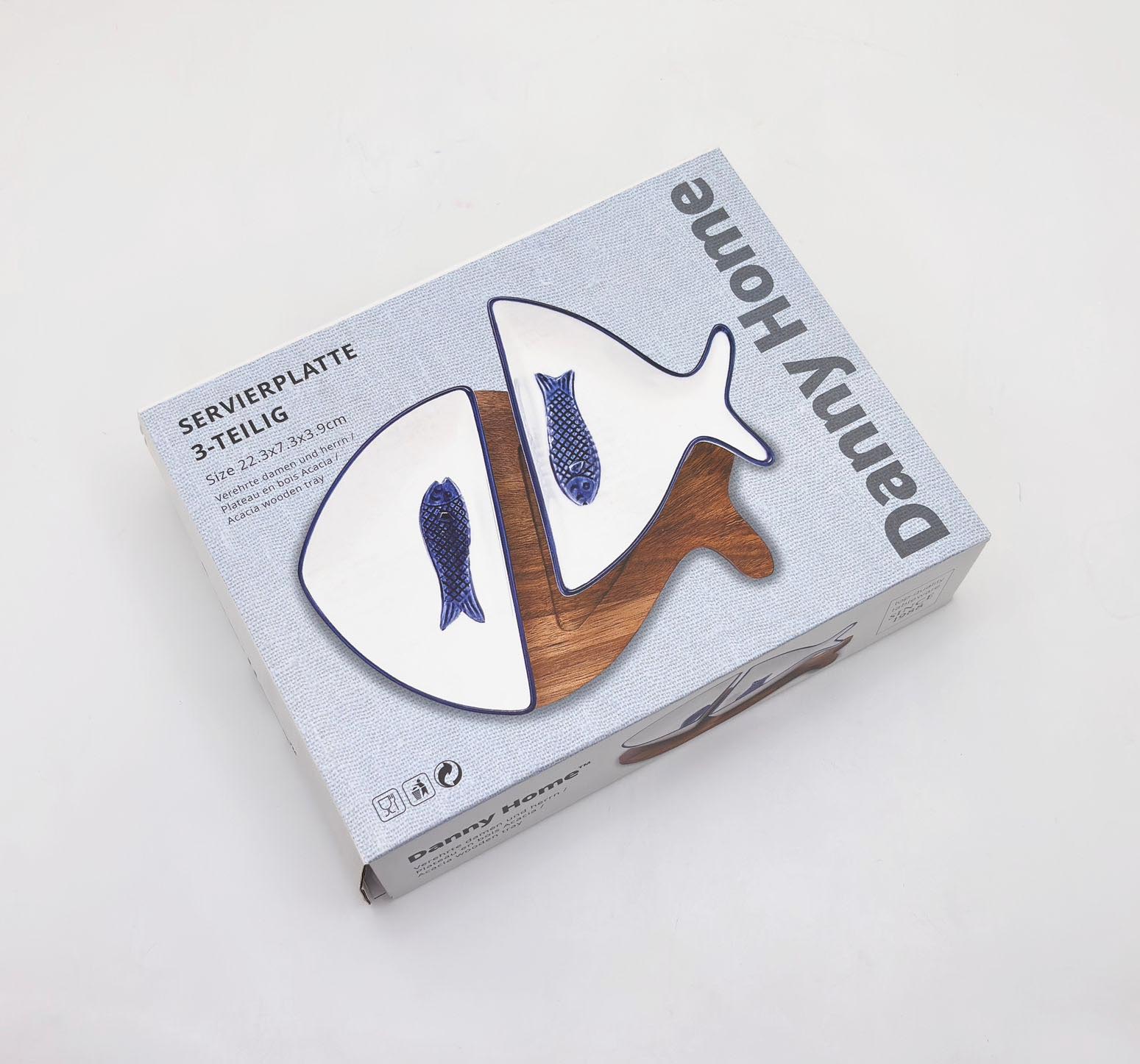Danny Home 3-Piece Fish-Shaped Ceramic and Acacia Wood Serving Set