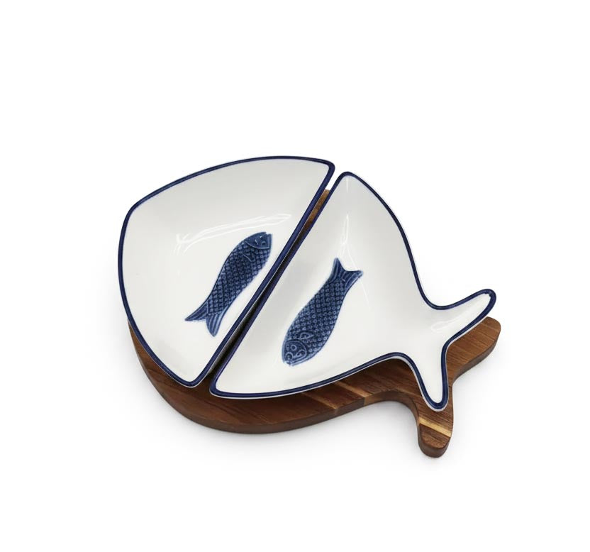 Danny Home 3-Piece Fish-Shaped Ceramic and Acacia Wood Serving Set