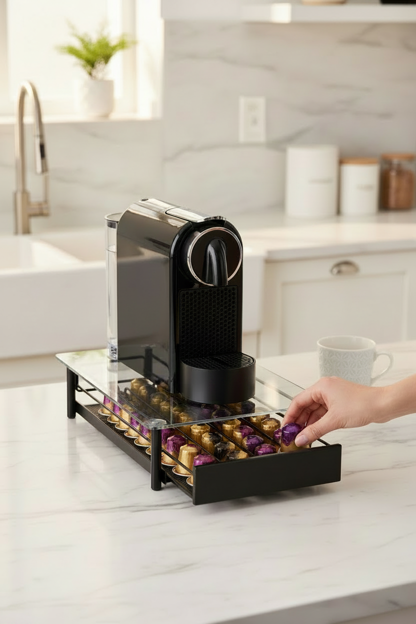 Glass-Top Coffee Capsule Drawer / Stand
